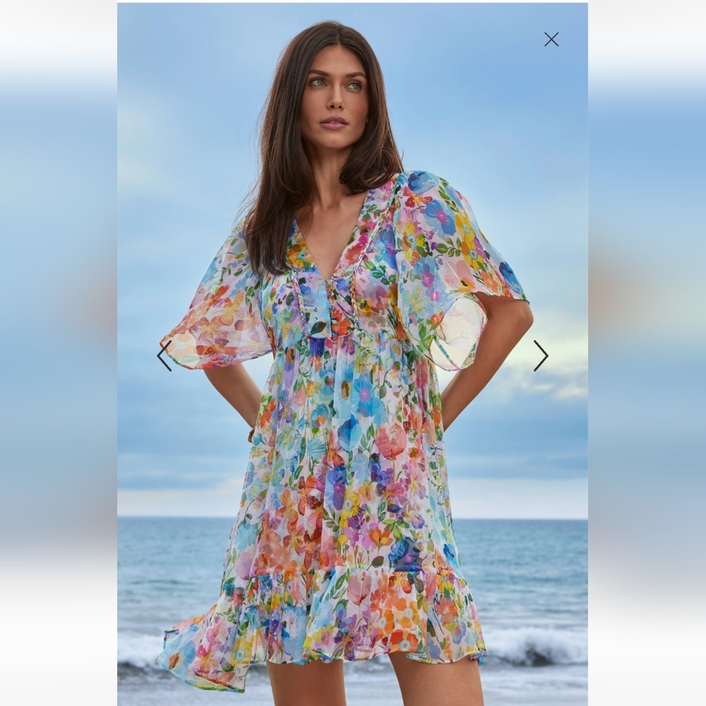 JADE Johnny Was MARGARETA Silk Floral Mini Dress in WILD BLOOMS Size PL petite L